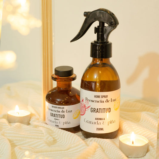 Pack ✨Intenciona tu hogar - GRATITUD - Home spray y difusor de varillas aroma a granada y piña.
