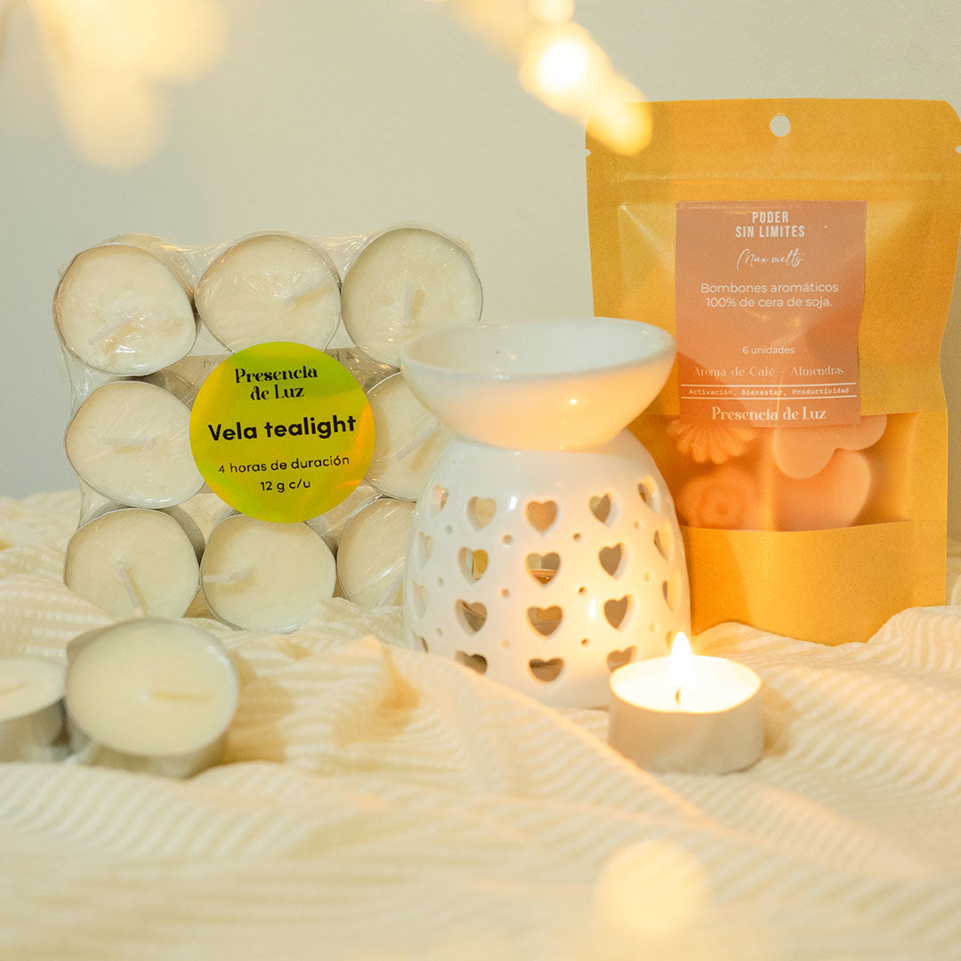 Pack ✨ El Regalo Perfecto para Relajación y Bienestar - Horno quemador + bolsa bombones aromáticos + 9 velas tea light