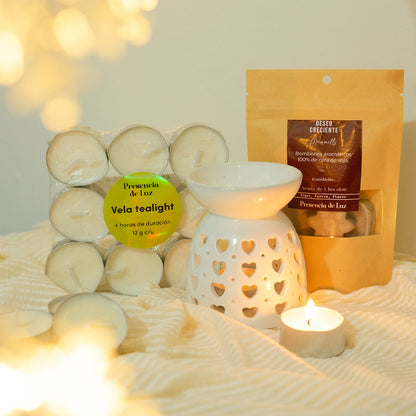 Pack ✨ El Regalo Perfecto para Relajación y Bienestar - Horno quemador + bolsa bombones aromáticos + 9 velas tea light