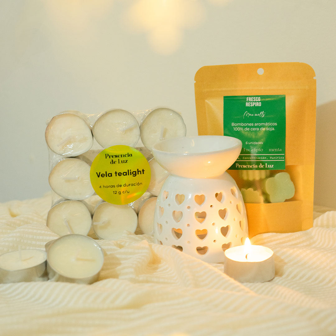 Pack ✨ El Regalo Perfecto para Relajación y Bienestar - Horno quemador + bolsa bombones aromáticos + 9 velas tea light