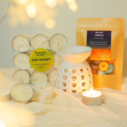 Pack ✨ El Regalo Perfecto para Relajación y Bienestar - Horno quemador + bolsa bombones aromáticos + 9 velas tea light