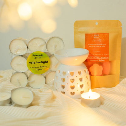 Pack ✨ El Regalo Perfecto para Relajación y Bienestar - Horno quemador + bolsa bombones aromáticos + 9 velas tea light