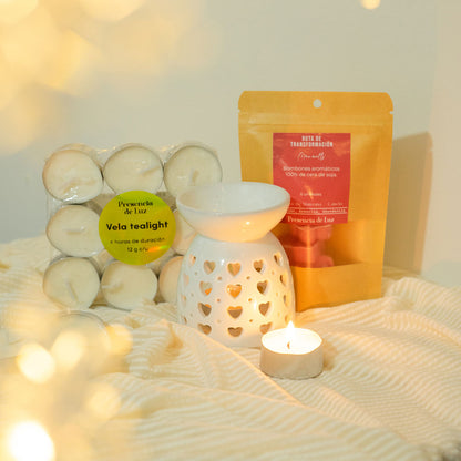 Pack ✨ El Regalo Perfecto para Relajación y Bienestar - Horno quemador + bolsa bombones aromáticos + 9 velas tea light